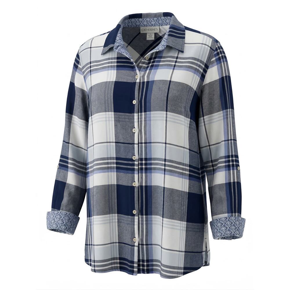 Catherines Womens 1X Western Grunge Outdoors Leisure Plaid Button Up Shirt